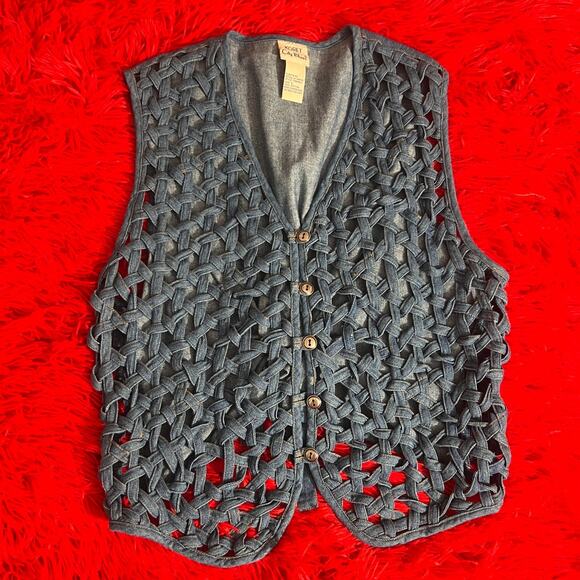 Vintage Koret City Blues Basket Weave Denim Vest 90s Large - Picture 1 of 4
